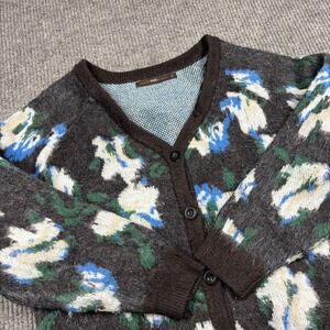Hazel Floral Knit Cardigan Womens L Sweater Brown Blue White V-Neck Button Up